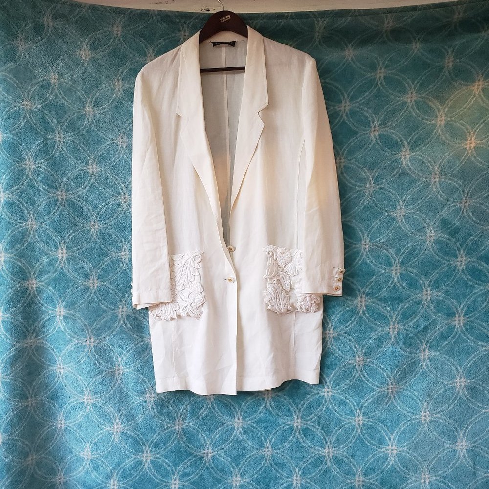 Ivory Longline Pure Linen Crotchet Blazer Jacket with measurement us10